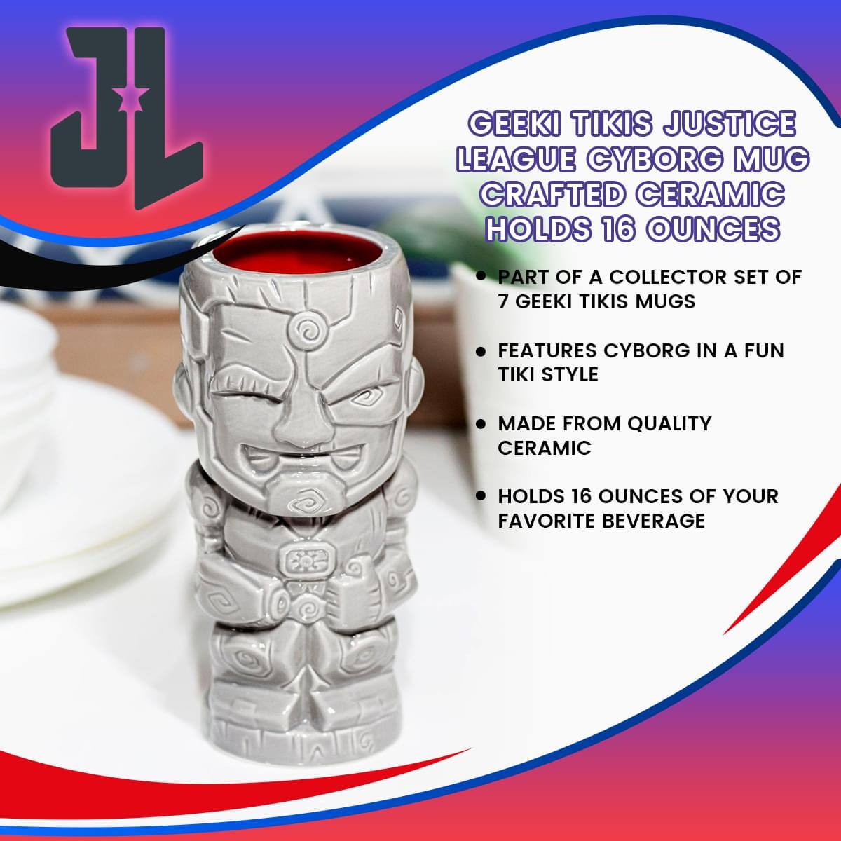 GEEKI TIKIS JUSTICE LEAGUE CYBORG MUG  
CRAFTED CERAMIC HOLDS 16 OUNCES  

- PART OF A COLLECTOR SET OF 7 GEEKI TIKIS MUGS  
- FEATURES CYBORG IN A FUN TIKI STYLE  
- MADE FROM QUALITY CERAMIC  
- HOLDS 16 OUNCES OF YOUR FAVORITE BEVERAGE