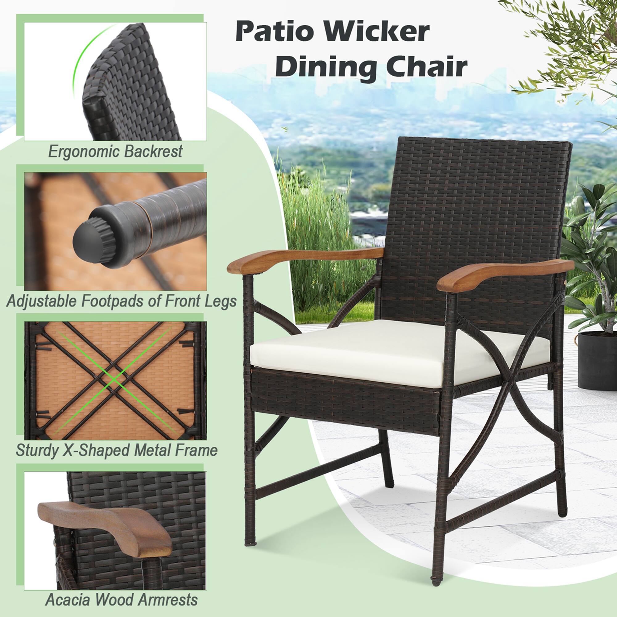 Patio Wicker Dining Chair Ergonomic Backrest Adjustable Footpads of Front Legs Sturdy X-Shaped Metal Frame Acacia Wood Armrests