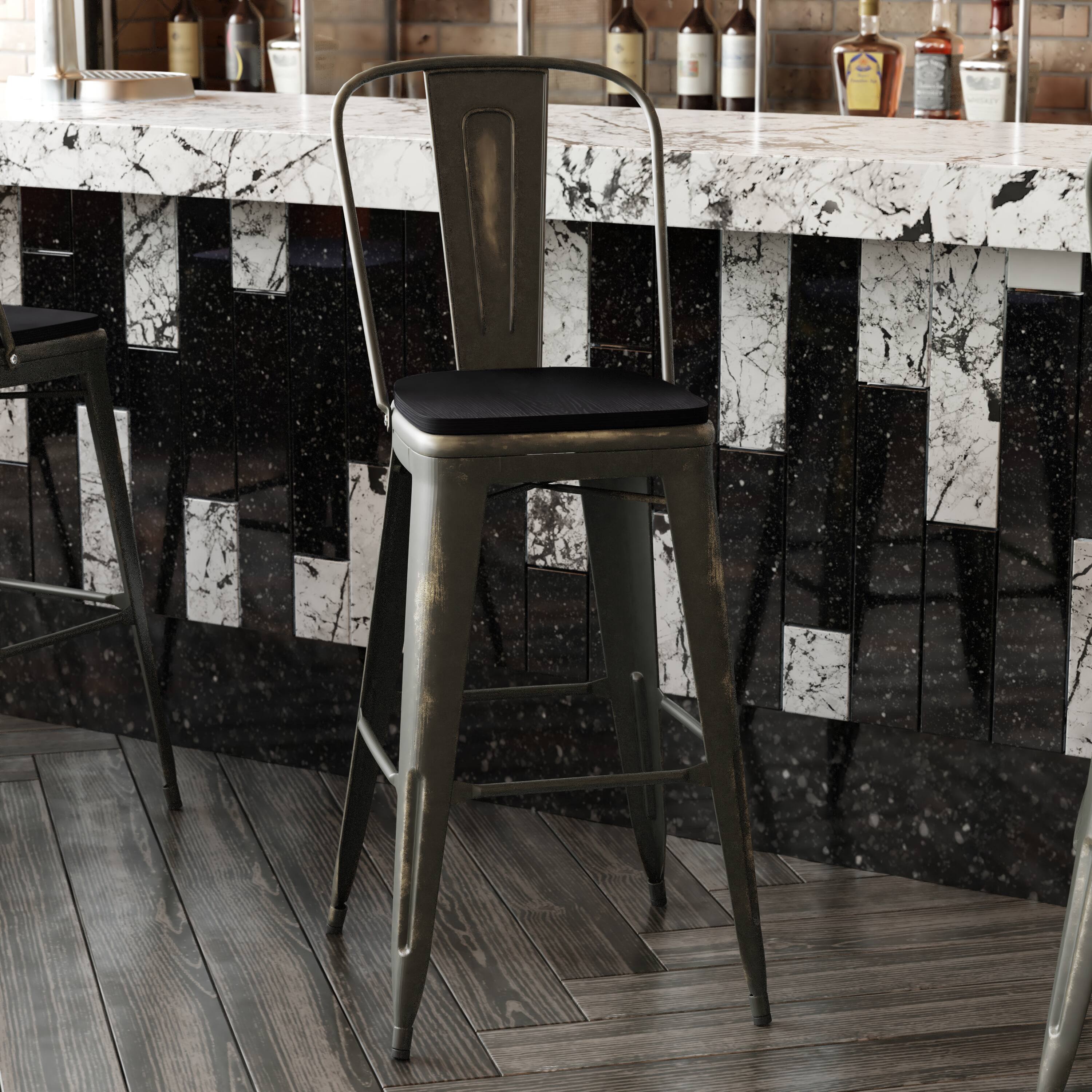 Alt View 4. Emma + Oliver - Nova Distressed Metal Stools with Backs and Polystyrene Seats for Indoor/Outdoor Use - Black Seat/Copper Frame.