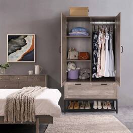 Hivvago - Modern 2-Door Bedroom Wardrobe Cabinet Armoire Shoe Rack in Retro Grey Finish - Gray