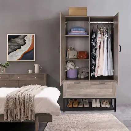 Front. Hivvago - Modern 2-Door Bedroom Wardrobe Cabinet Armoire Shoe Rack in Retro Grey Finish - Grey.