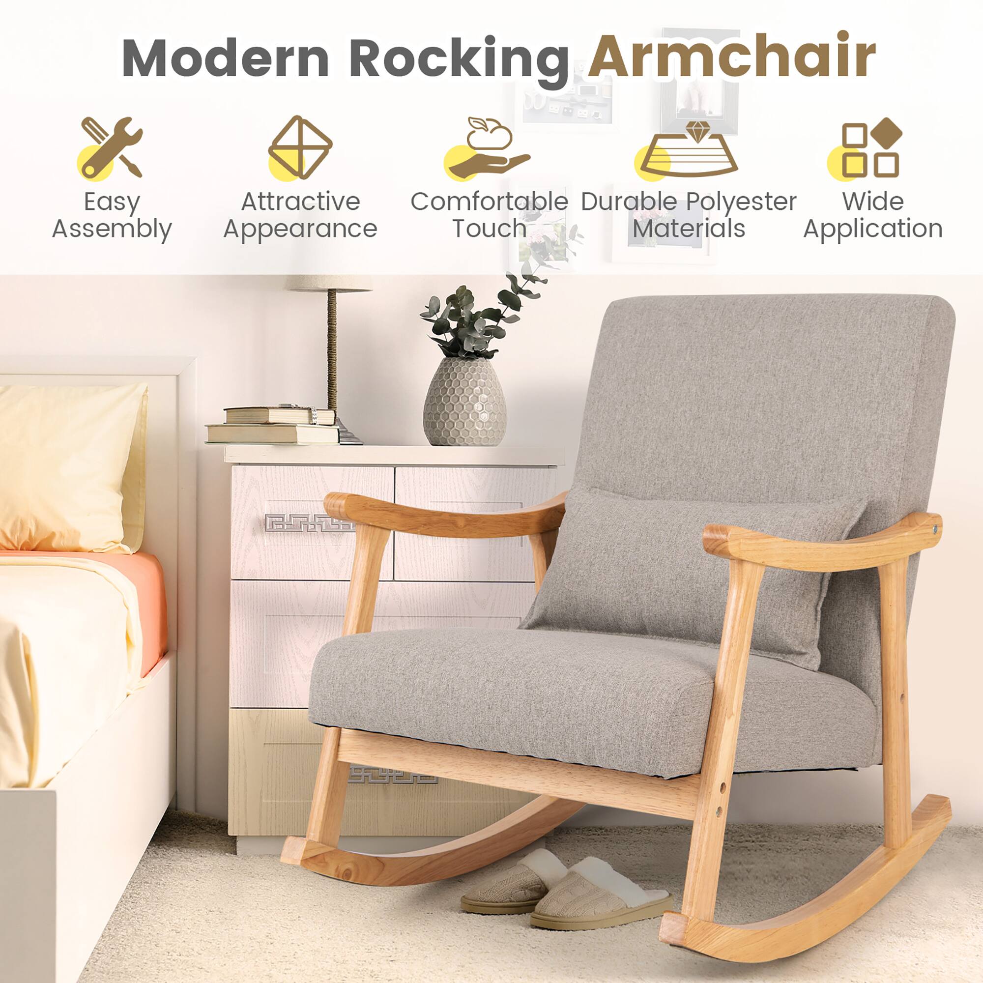 Modern Rocking Armchair  
Easy Assembly  
Attractive Appearance  
Comfortable Touch  
Durable Polyester Materials  
Wide Application