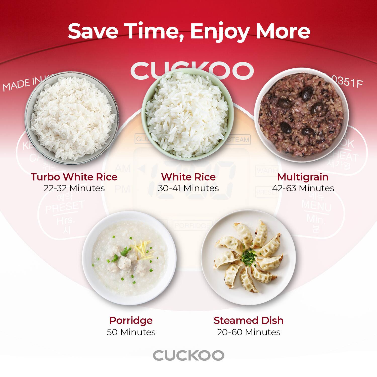 Save Time, Enjoy More

CUCKOO

Turbo White Rice 22-32 Minutes
White Rice 30-41 Minutes
Multigrain 42-63 Minutes
Porridge 50 Minutes
Steamed Dish 20-60 Minutes

MADE IN
GLU
PRESET Hrs.
STEAM
OK
EAT WARM
MENU Min.
