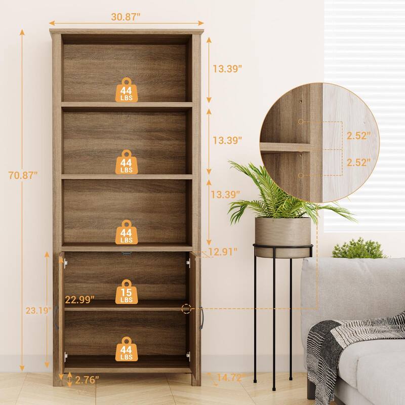 - Width: 30.87"
- Height: 70.87"
- Depth: 13.39"
- Shelf 1: 44 LBS
- Shelf 2: 44 LBS
- Shelf 3: 44 LBS
- Shelf 4: 15 LBS
- Shelf 5: 44 LBS
- Bottom Shelf Depth: 22.99"
- Bottom Shelf Height: 2.76"
- Side Depth: 12.91"
- Side Height: 14.72"
- Shelf Thickness: 2.52"