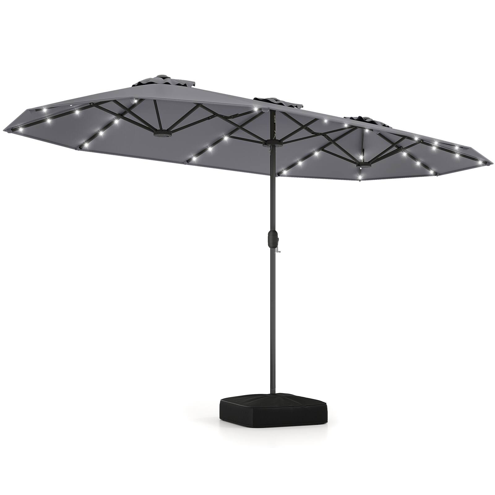 Costway - 13FT Double-sided Patio Umbrella with Solar Lights Crank Handle Umbrella Base - Gray