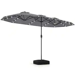 Costway - 13FT Double-sided Patio Umbrella with Solar Lights Crank Handle Umbrella Base - Gray