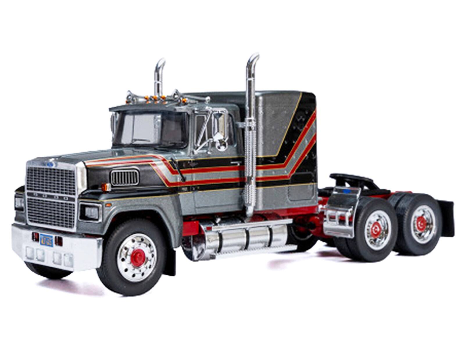 Angle. IXO - 1978 Ford LTL 9000 Truck Tractor Gray Metallic with Red and Black Stripes 1/43 Diecast Model by IXO Models - Gray Metallic.