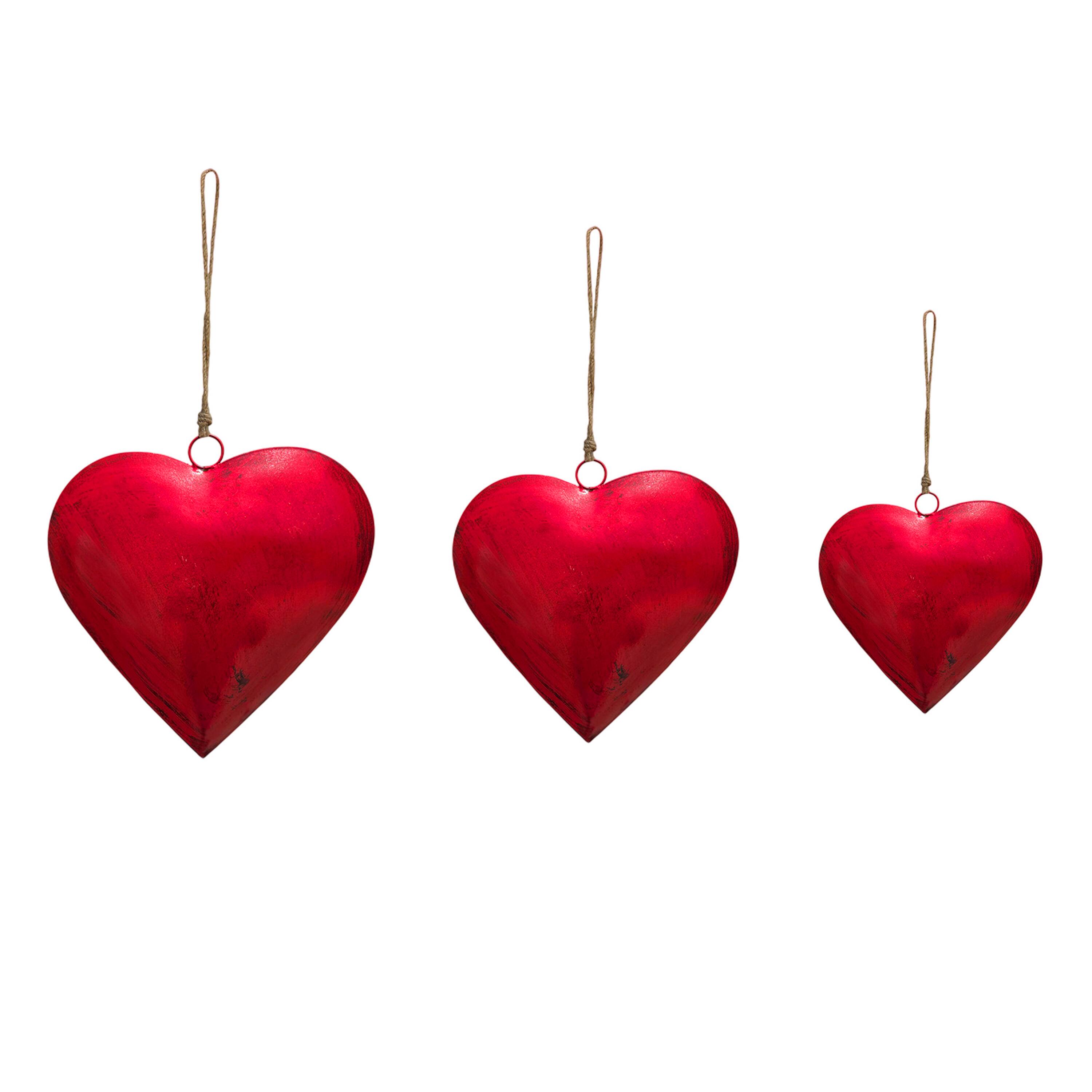 Front. Manhattan Lane - Myri Decorative Metal Heart Wall Decor Set of 3, Classic Red with Jute Hanging Rope, 12, 9.5, 7 Inches - Red.