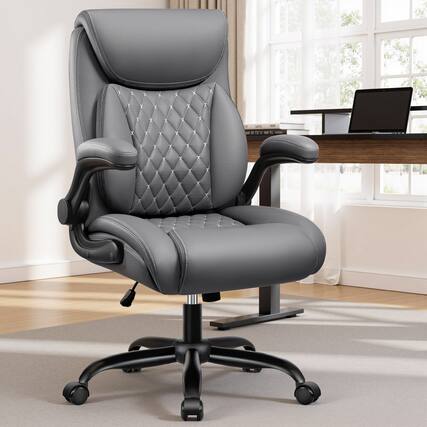 Front. KERDOM - Ergonomic PU Leather Office Chair, Executive Chair with Lumbar Support for Lower Back Pain Relief, Padded Flip-up Arms - Grey.