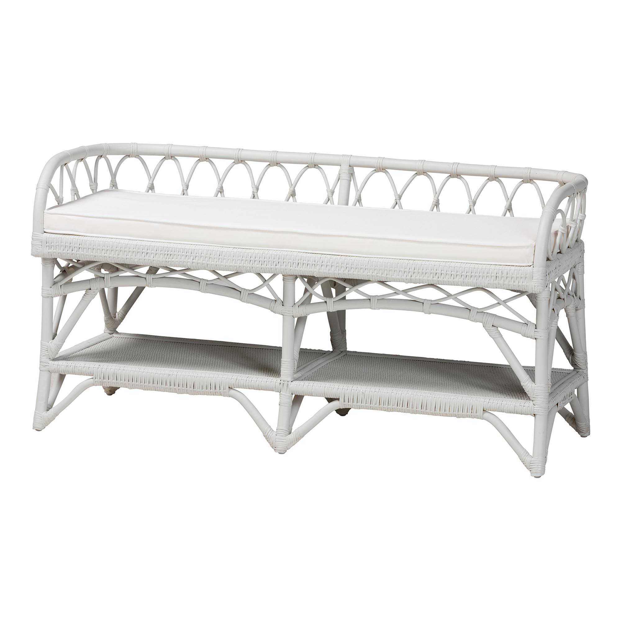 Front. bali & pari - Leryn Natural Rattan Bench with Shelf - White.