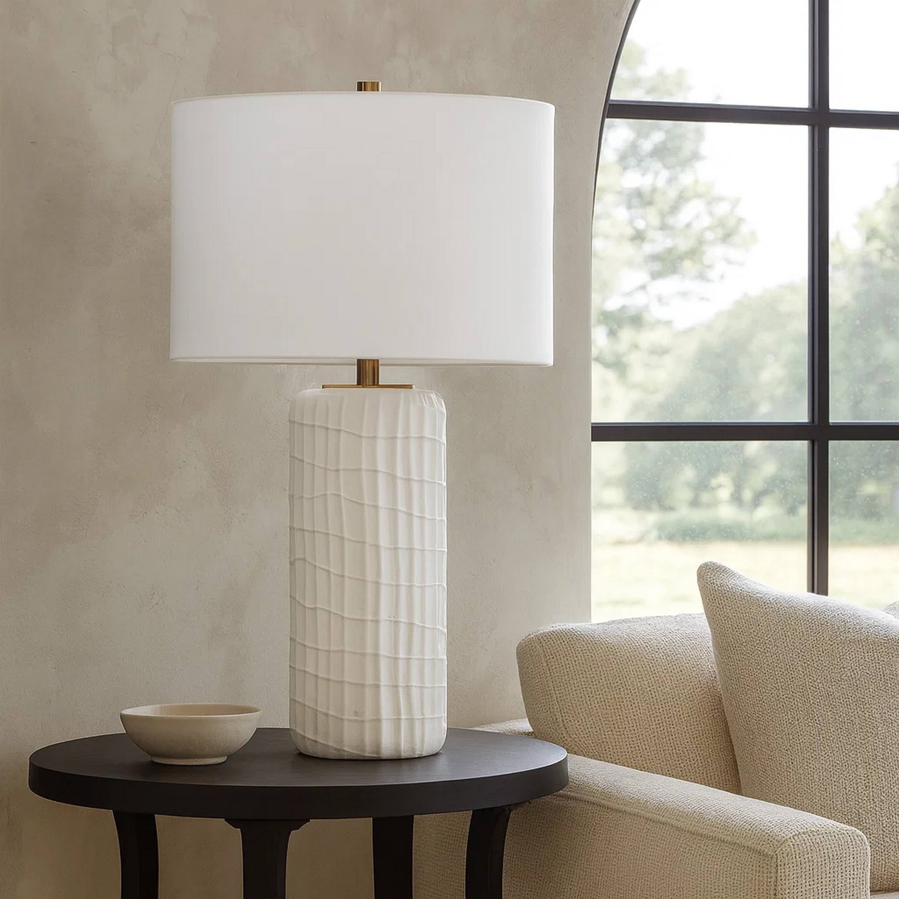 Alt View 2. Manhattan Lane - Mena 28 Inch Table Lamp, Round Drum Shade, Grid Pattern Base - White, Brass.