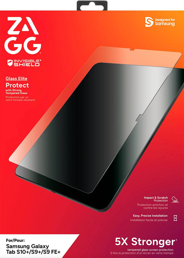 ZAGG InvisibleShield is designed for Samsung Galaxy Tab S10+/S9+/S9 FE+. It offers strong tempered glass protection against impact and scratches, and it is easy to install. The product is made for Samsung Galaxy Tab S10+/S9+/S9 FE+.