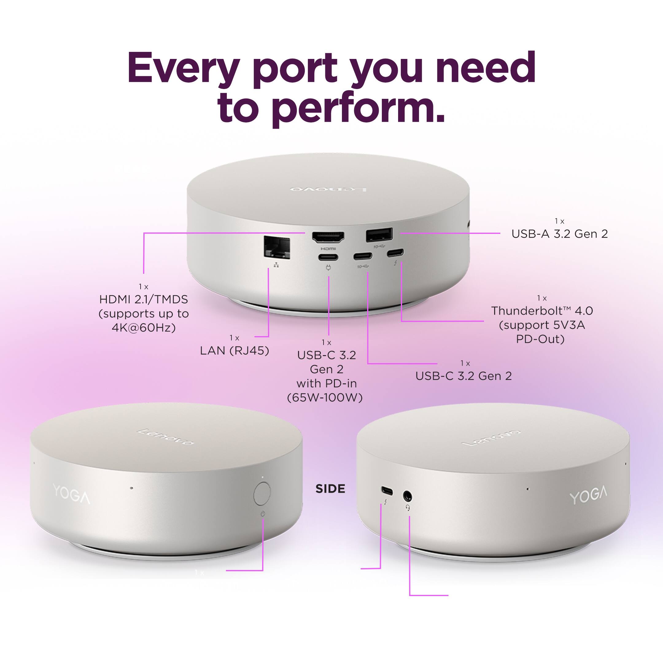 Every port you need to perform.  
- 1x USB-A 3.2 Gen 2  
- 1x HDMI 2.1/TMDS (supports up to 4K@60Hz)  
- 1x LAN (RJ45)  
- 1x USB-C 3.2 Gen 2 with PD-in (65W-100W)  
- 1x Thunderbolt 4.0 (support 5V3A PD-Out)  
- 1x USB-C 3.2 Gen 2  

YOGA SIDE