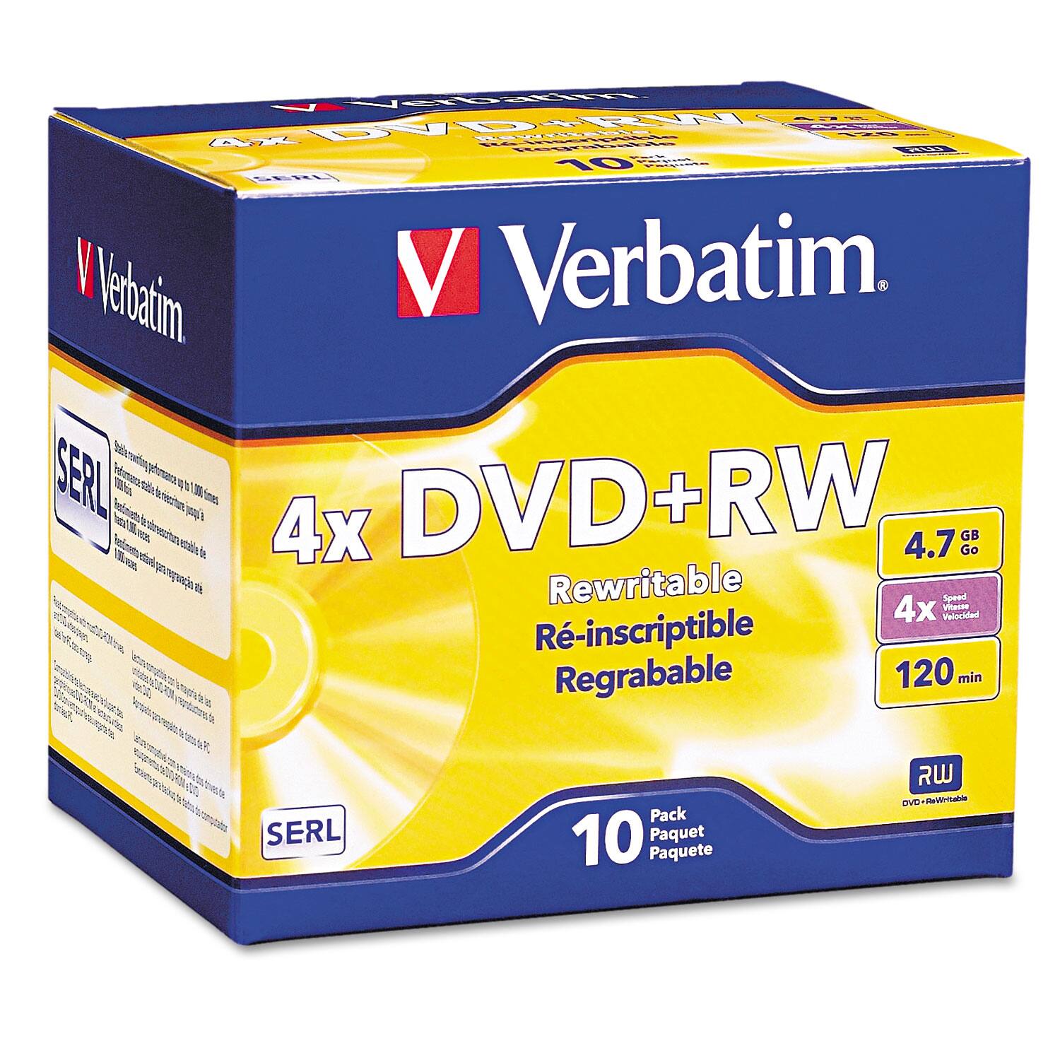 Verbatim  
4x DVD+RW  
Rewritable  
Ré-inscriptible  
Regrabable  
4.7 GB  
4x  
120 min  
Pack  
Paquet  
Paquete  
10  
SERL