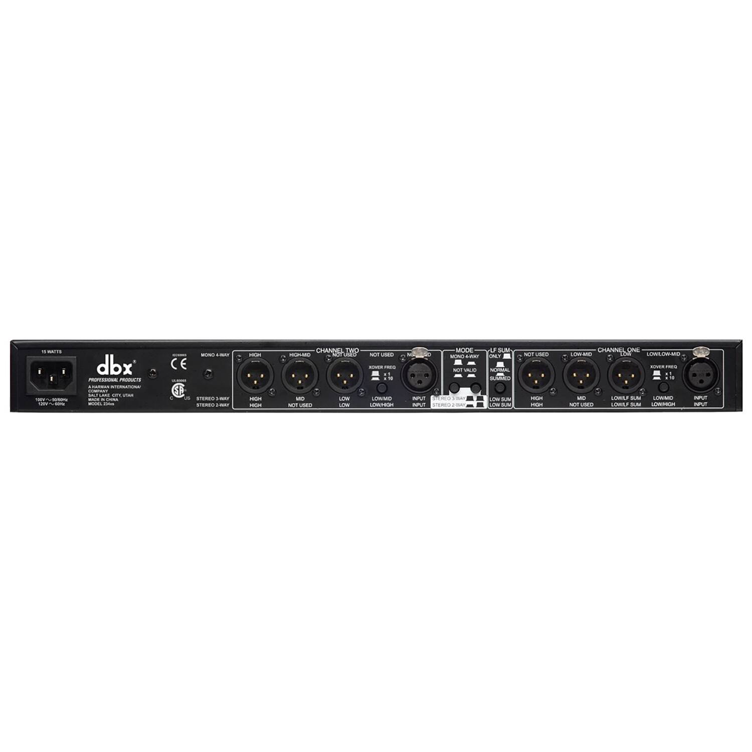 dbx  
PROFESSIONAL PRODUCTS  
STEREO 2-WAY  
MODEL: 1234  

CHANNEL ONE  
LOW  
MID  
HIGH  
LOW SUM  
HIGH SUM  
INPUT  
STEREO 2-WAY  

CHANNEL TWO  
LOW  
MID  
HIGH  
LOW SUM  
HIGH SUM  
INPUT  
STEREO 2-WAY  

MODE  
MONO ONLY  
STEREO 2-WAY  

LF SUM  
NOT USED  

RF SUM  
NOT USED  

CE  

15 MATES  
STEREO 2-WAY  
MODEL: 1234