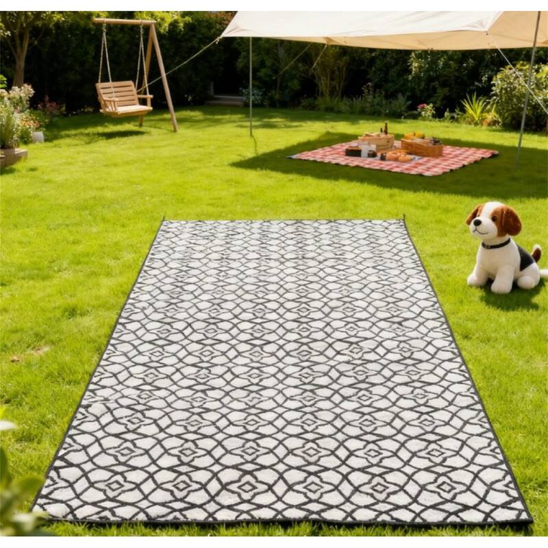 Back. HTUTWOO - 9' x 18 Patio Reversible Outdoor Rug - RV Camping Carpet with Carry Bag, Mud-Resistant Fade-Proof, Foldable Portable Mat - Black White.