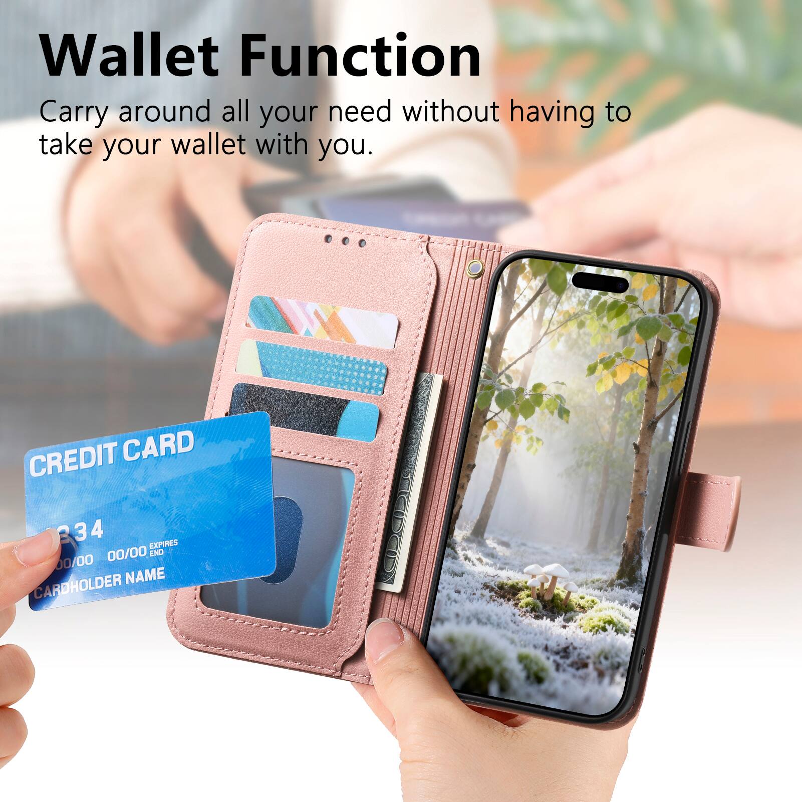 Wallet Function  
Carry around all your needs without having to take your wallet with you.

CREDIT CARD  
334 4  
EXPIRES 00/00  
END 00/00  
CARDHOLDER NAME