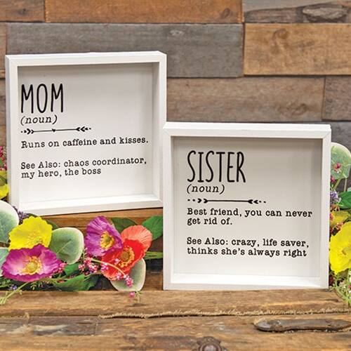 MOM (noun)  
Runs on caffeine and kisses.  
See Also: chaos coordinator, my hero, the boss  

SISTER (noun)  
Best friend, you can never get rid of.  
See Also: crazy, life saver, thinks she's always right