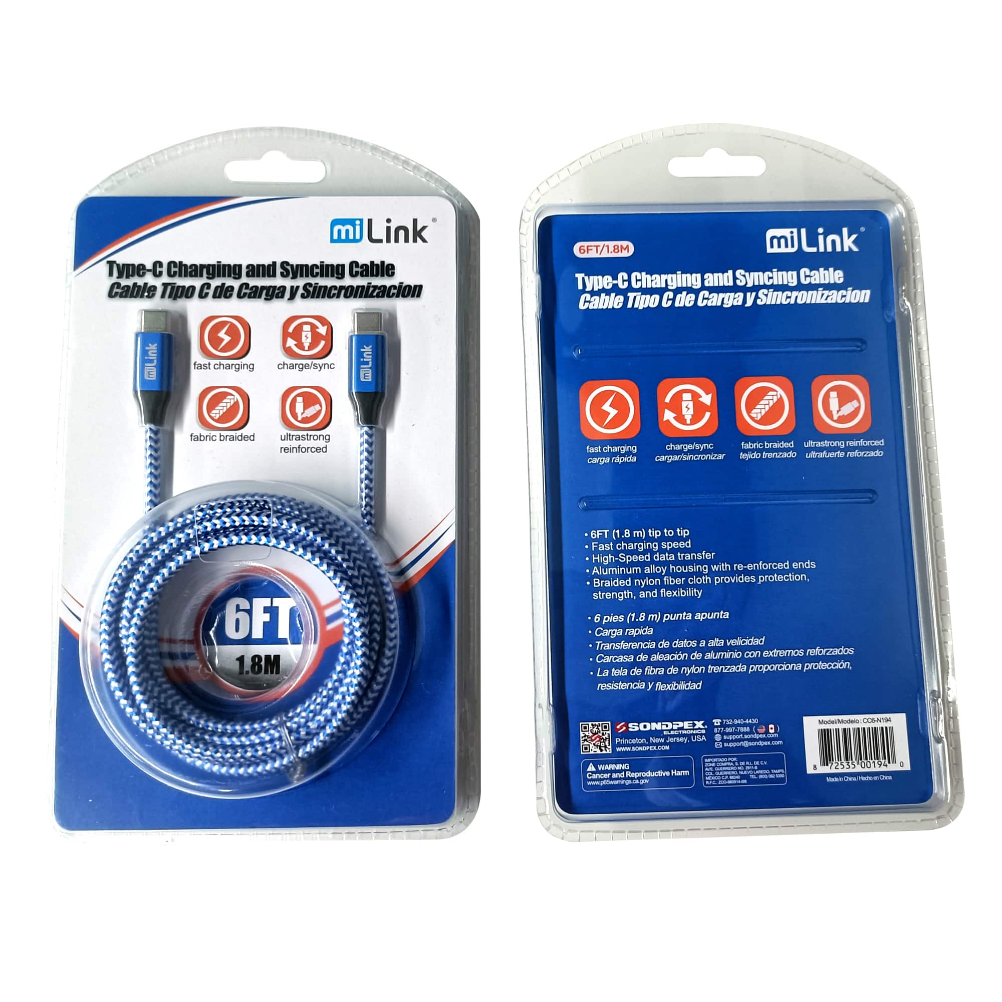 miLink - 6' Type-C to Type-C Charging and Syncing Cable