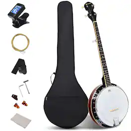 Costway - Sonart 5 String Geared Tunable Banjo 24 Brackets Closed Back Remo Head w/ Case - Black