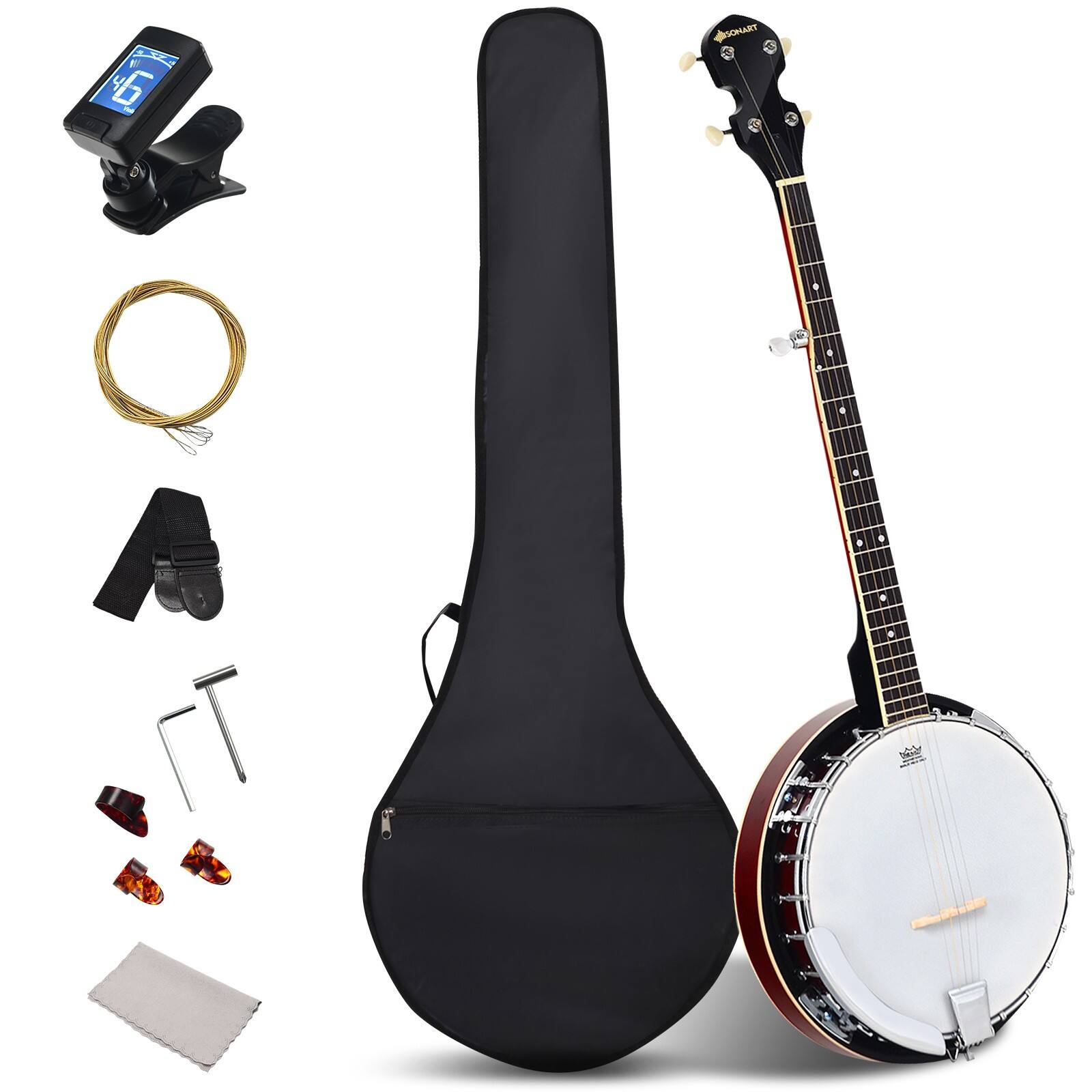 Front. Costway - Costway Sonart 5 String Geared Tunable Banjo 24 Brackets Closed Back Remo Head w/ Case - Black.