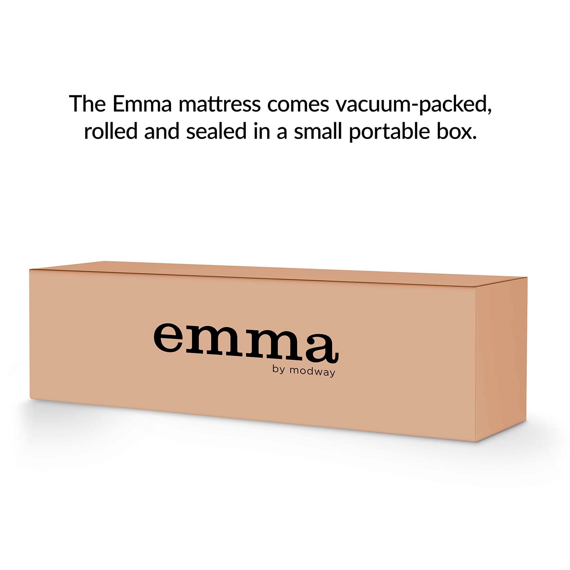 The Emma mattress comes vacuum-packed, rolled and sealed in a small portable box.

emma by modway