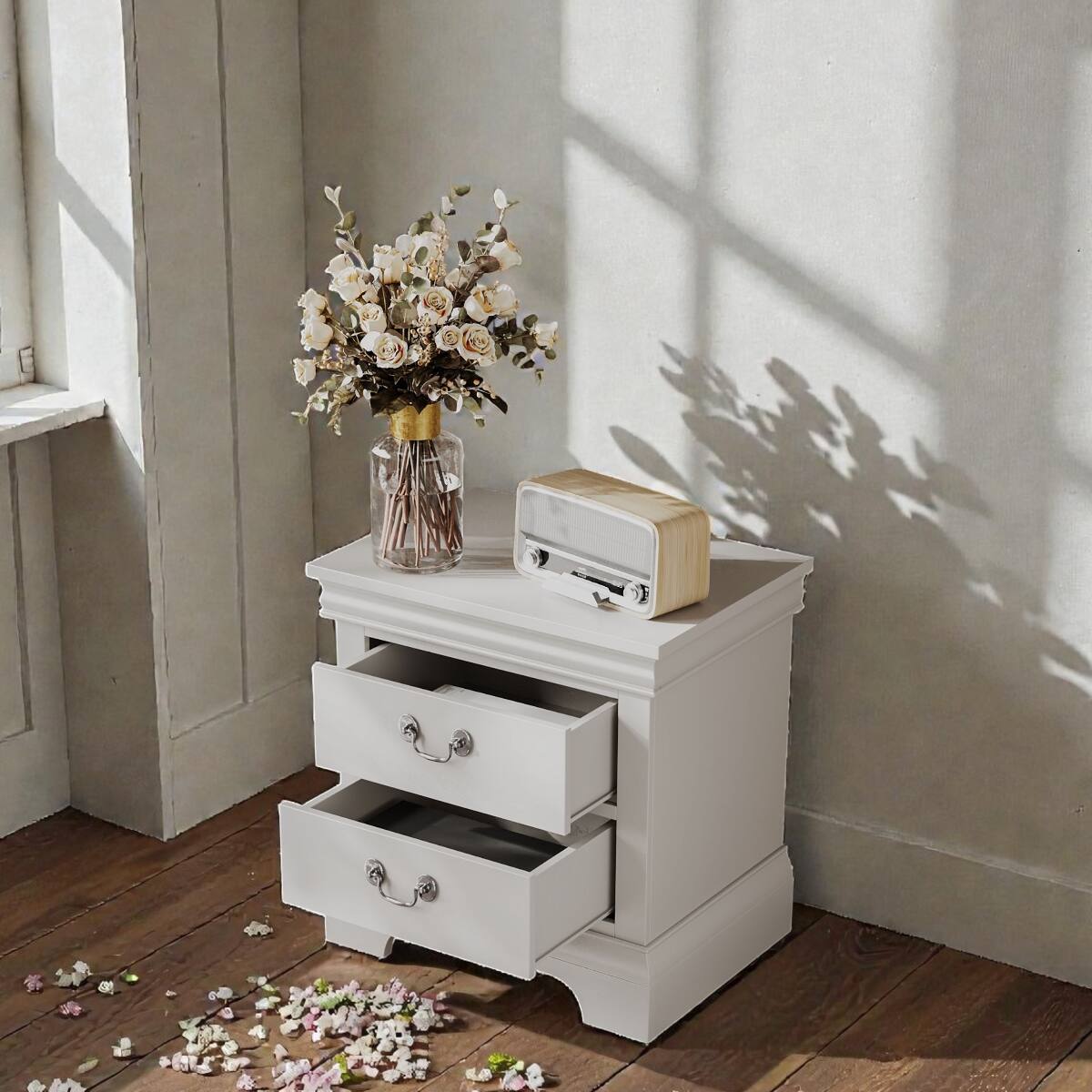 Alt View 2. Loheer - Loheer White Wooden Nightstand, Two Drawers, Classic Style - White.