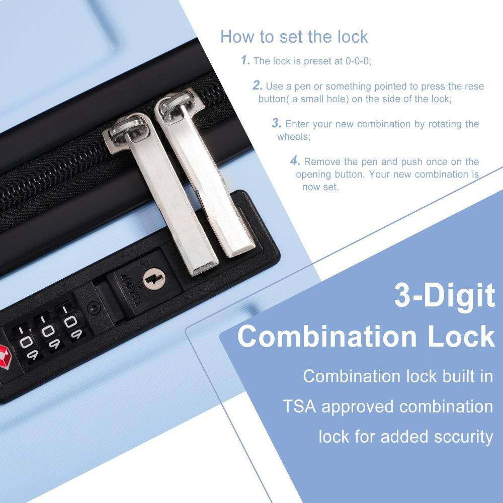 How to set the lock

1. The lock is preset at 0-0-0;
2. Use a pen or something pointed to press the reset button (a small hole) on the side of the lock;
3. Enter your new combination by rotating the wheels;
4. Remove the pen and push once on the opening button. Your new combination is now set.

3-Digit Combination Lock

Combination lock built in TSA approved combination lock for added security