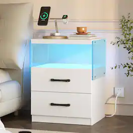 Chateau Abodes - Modern Nightstand with Charging Station, 2-Drawer Bedside Table with LED Lights & USB Ports, Sturdy Wood - White
