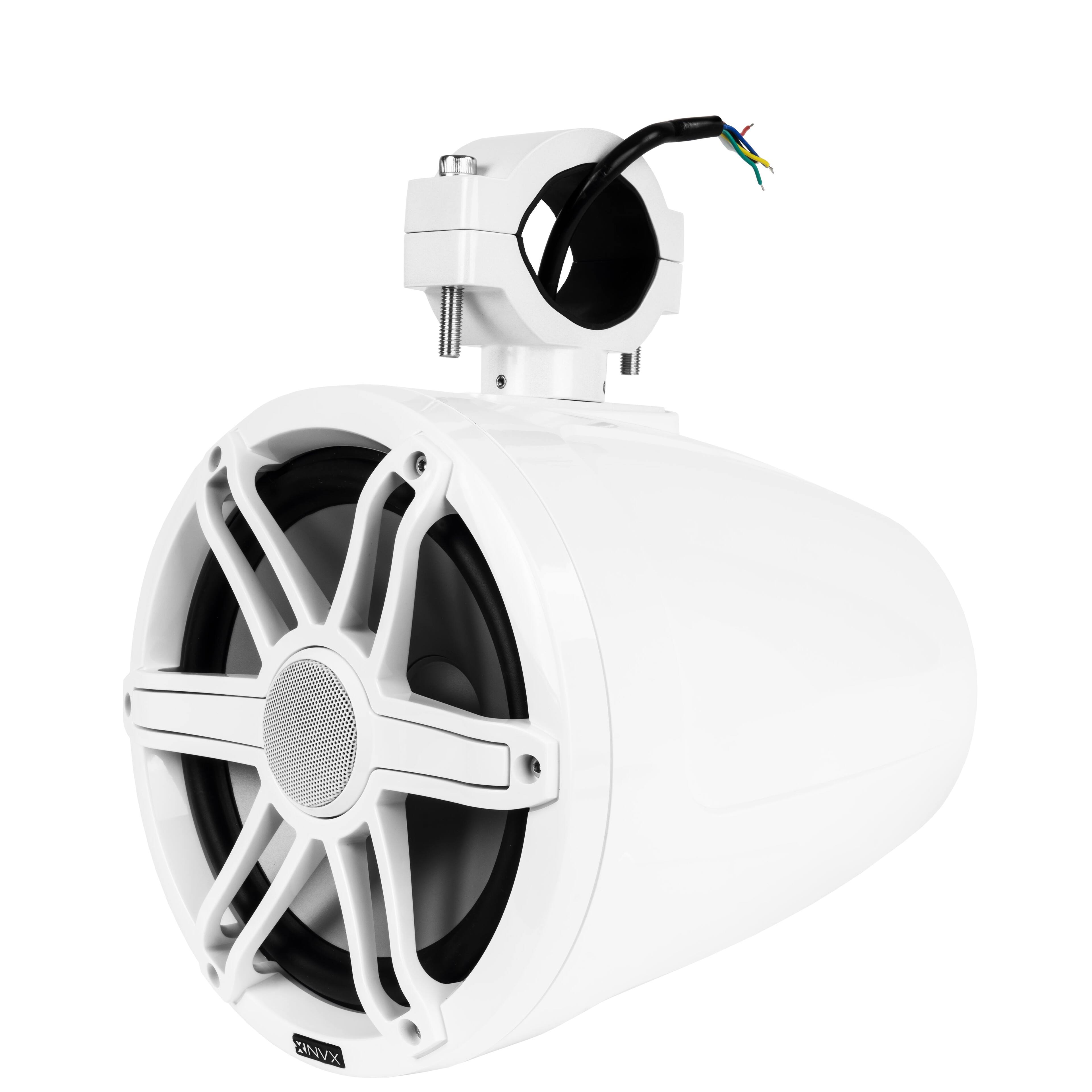 Back. NVX - MVTSP8W (Sold Individually) 125W RMS 8in V-Series 2-Way Marine Tower Speaker with LED Lighting and Swiveling Clamps.