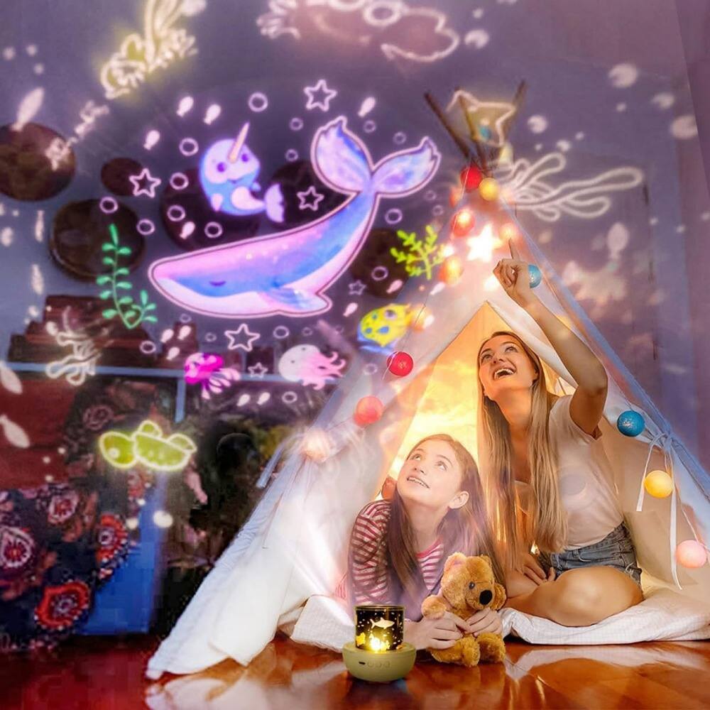 Left. ACJPR - Kids Star Projector Night Light – 21 Film Sets, 360° Rotating, Dimmable Ceiling Light.