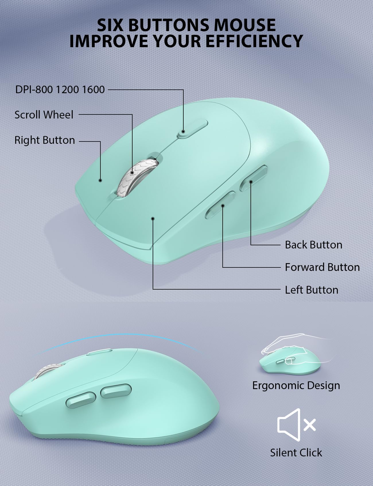SIX BUTTONS MOUSE IMPROVE YOUR EFFICIENCY

DPI-800 1200 1600

Scroll Wheel

Right Button

Back Button

Forward Button

Left Button

Ergonomic Design

Silent Click