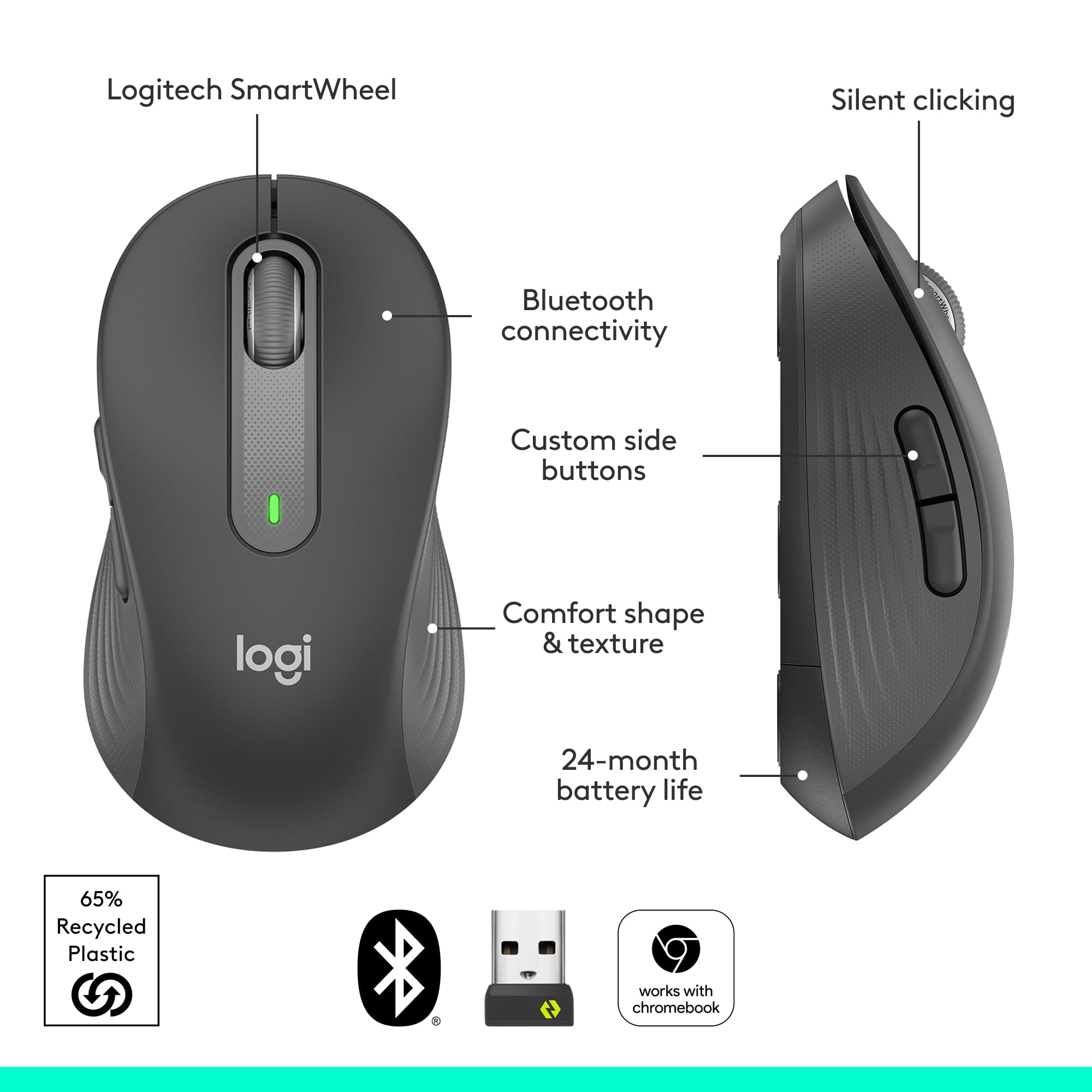 Logitech SmartWheel Silent clicking Bluetooth connectivity Custom side buttons Comfort shape & texture 24-month battery life 65% Recycled Plastic works with chromebook