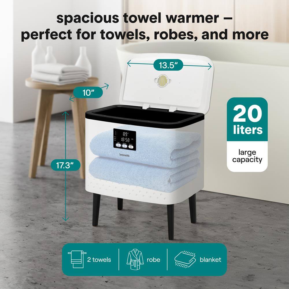 spacious towel warmer – perfect for towels, robes, and more

13.5" x 17.3" x 10"

20 liters large capacity

2 towels, robe, blanket