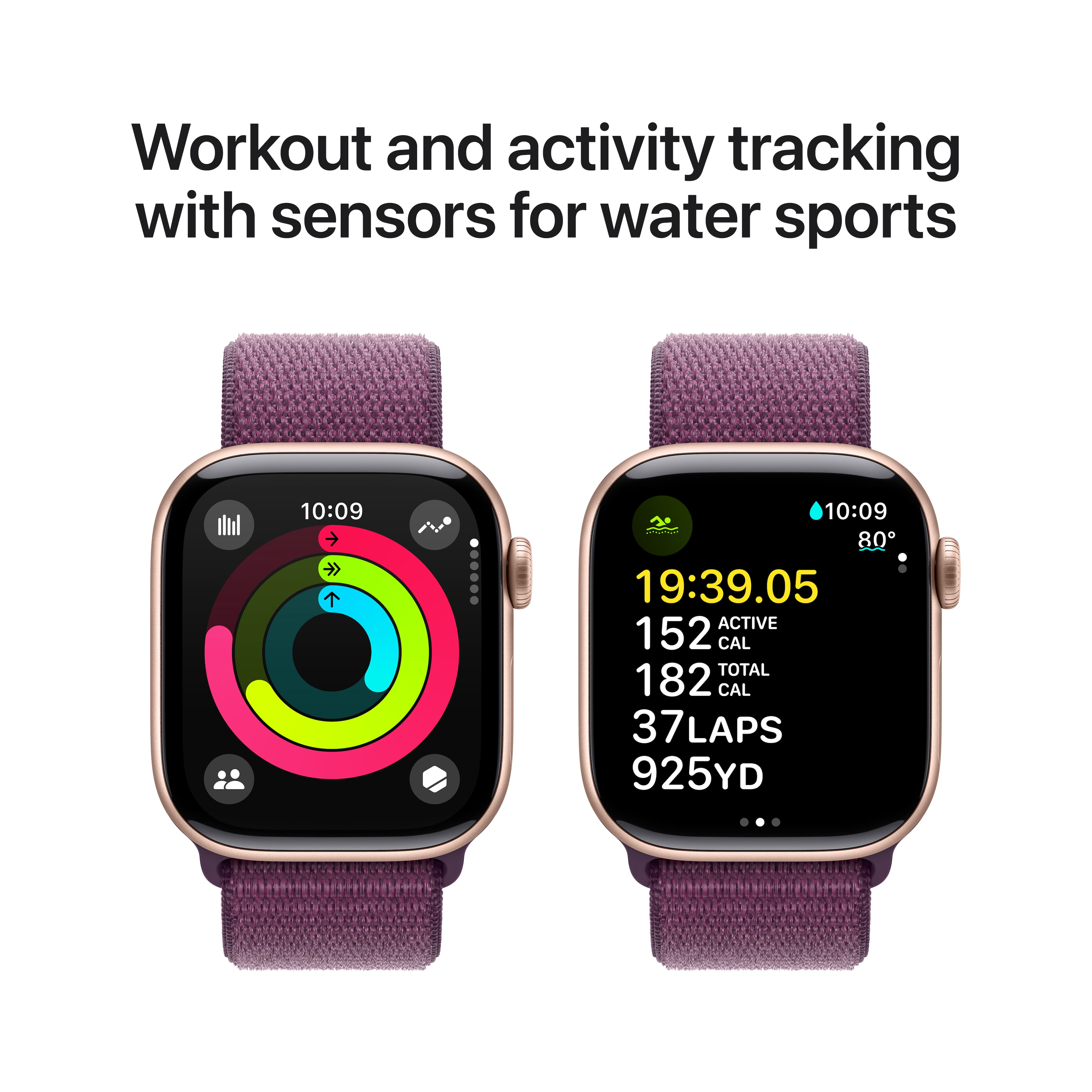 Workout and activity tracking with sensors for water sports: 10:09 10:09 80 19:39.05 ACTIVE 152 CAL TOTAL 182 CAL 37 LAPS 925YD