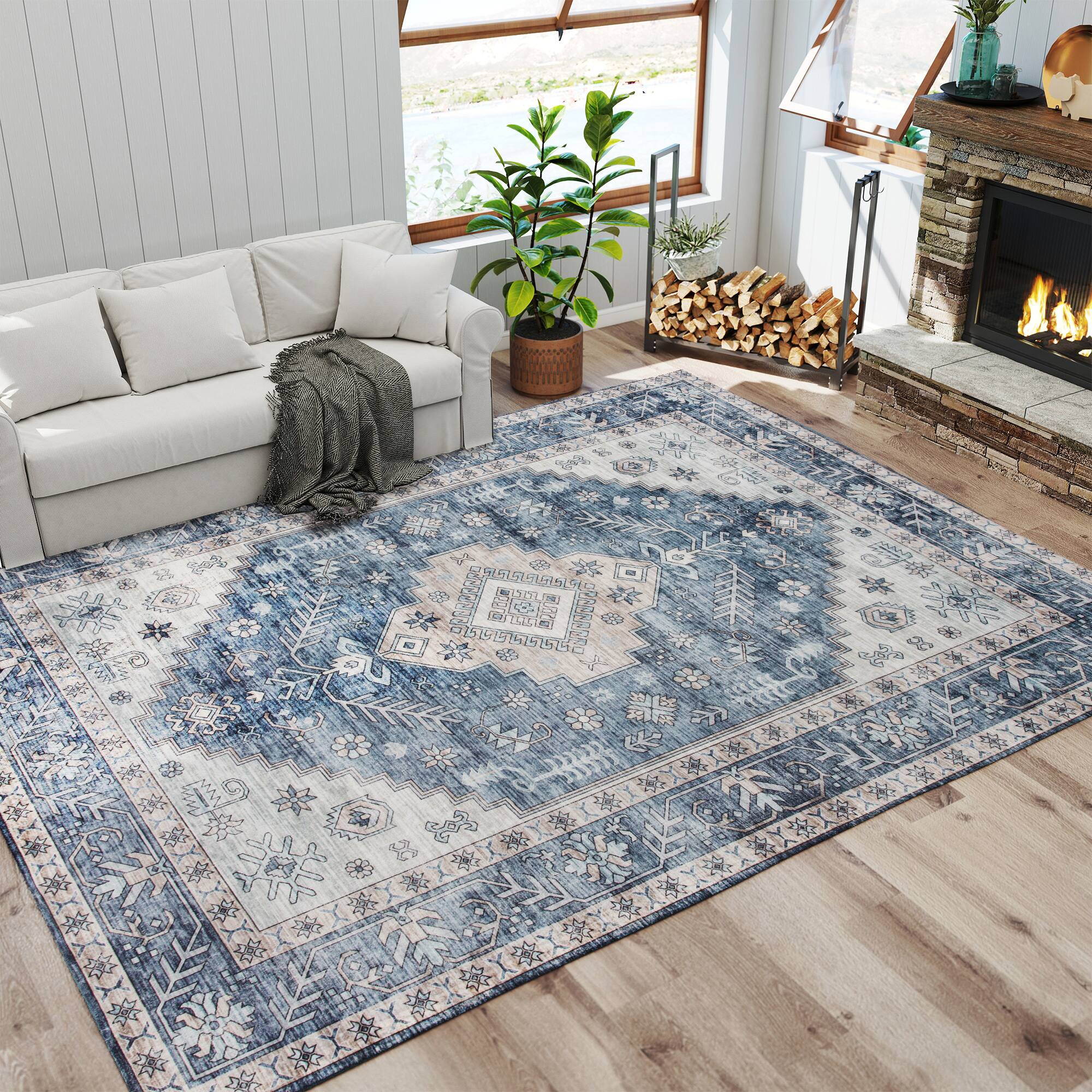 Alt View 9. Homcom - HOMCOM 8x10 Vintage Carpet: Mach-Wash Distress Non-Slip Blue Rug, Indoor Boho High Traffic - Blue.