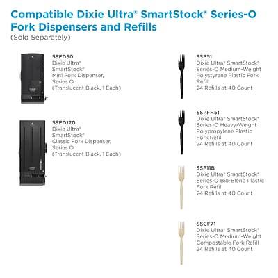 **Compatible Dixie Ultra* SmartStock* Series-O Fork Dispensers and Refills (Sold Separately)**

- **SSFDB0** Dixie Ultra* SmartStock* Mini Fork Dispenser, Series O (Translucent Black, 1 Each)
- **SSF51** Dixie Ultra* SmartStock* Series-O Medium-Weight Polystyrene Plastic Fork Refill (24 Refills at 40 Count)
- **SSFD120** Dixie Ultra* SmartStock* Classic Fork Dispenser, Series O (Translucent Black, 1 Each)
- **SSPFH51** Dixie Ultra* SmartStock* Series-O Heavy-Weight Polypropylene Plastic Fork Refill (24 Refills at 40 Count)
- **SSF11B** Dixie Ultra* SmartStock* Series-O Bio-Blend Plastic Fork Refill (24 Refills at 40 Count)
- **SSCF71** Dixie Ultra* SmartStock* Series-O Medium-Weight Compostable Fork Refill (24 Refills at 40 Count)