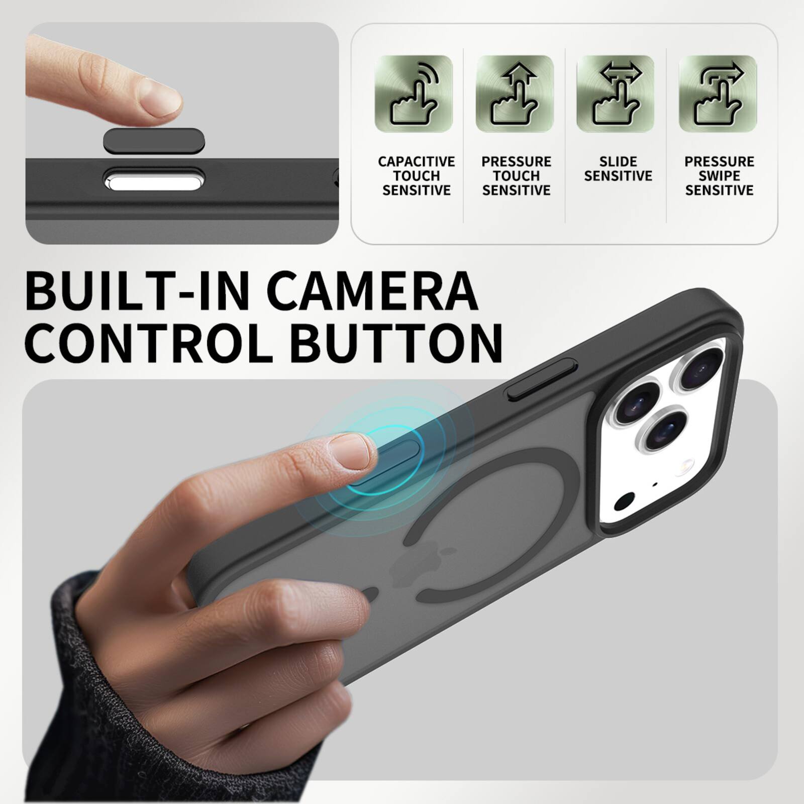 CAPACITIVE PRESSURE SLIDE PRESSURE TOUCH TOUCH SENSITIVE SWIPE SENSITIVE SENSITIVE SENSITIVE BUILT-IN CAMERA CONTROL BUTTON