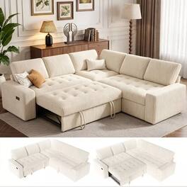 Dyonery - 80 Inch L-Shaped Modular Sectional Sofa,Beige Corduroy Convertible Couch with Pull Out Sofa Bed,Adjustable Backrest - Beige