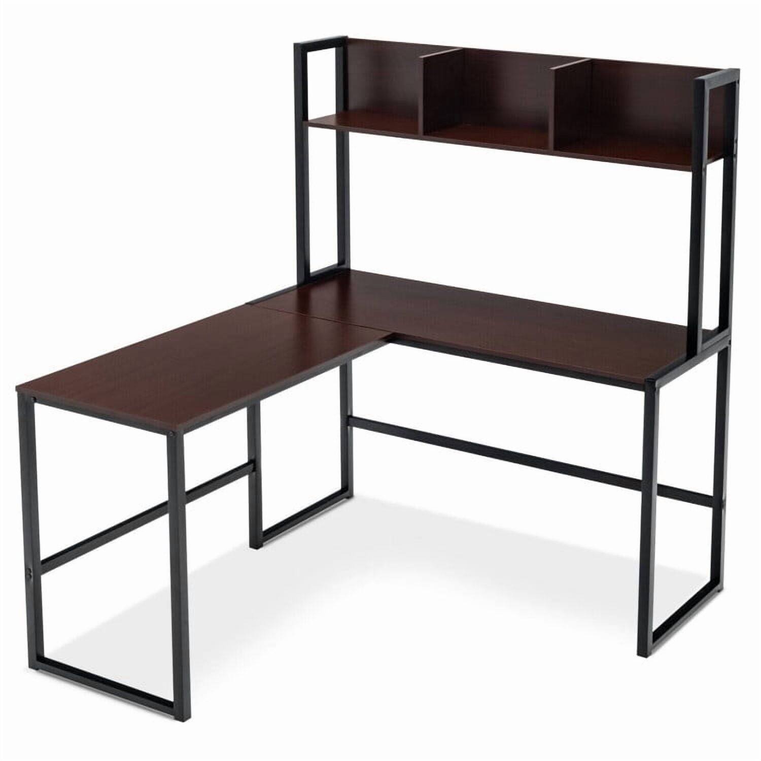 Back. Pefilos - Reversible L-Shaped Corner Desk with Storage Bookshelf-Dark Brown, Office Desk, Gaming Computer Desks for Study, Working - Brown.