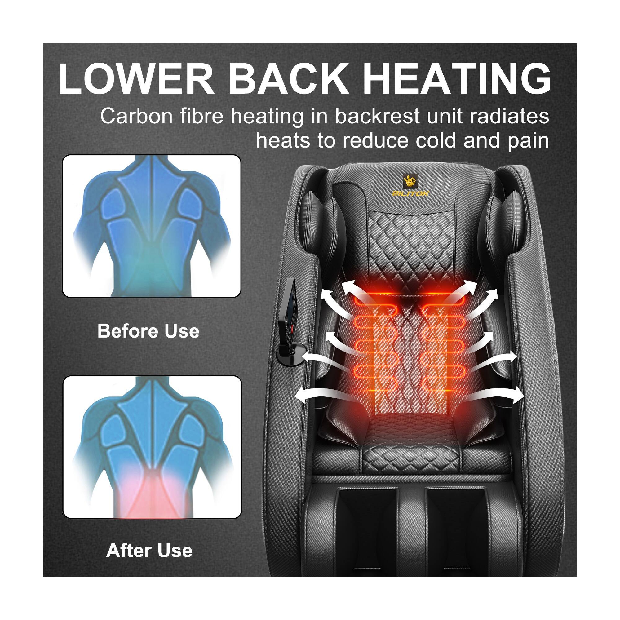 LOWER BACK HEATING  
Carbon fibre heating in backrest unit radiates heat to reduce cold and pain  

BILITOK  
Before Use  
After Use