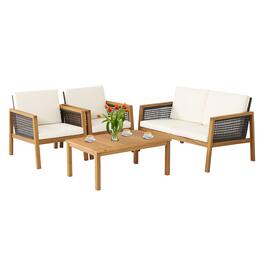 Costway - 4PCS Patio Rattan Furniture Set Acacia Wood Cushioned Sofa Off - Mix Brown,Off White