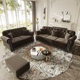 Anysun - 5-Seat Velvet Chesterfield Sofa Set (2+3) w/ Nailhead, Rolled Armrests, Button Tufted, 1 Ottoman, Mid-Century - Brown