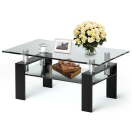 Hivvago - Modern 2 Tier Glass Coffee Table with Metal Legs - Black