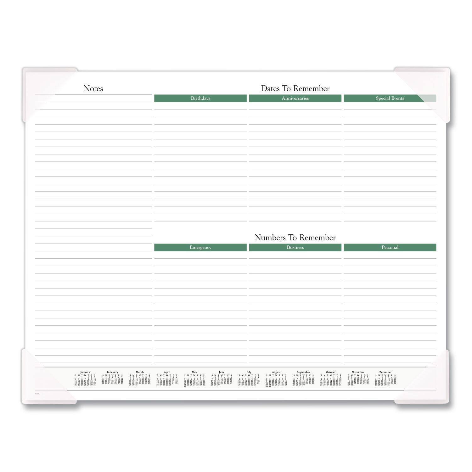 Sure, here is the corrected and grouped text from the image:

---

**Notes**

**Birthdays**

**Dates To Remember**

**Anniversaries**

**Special Events**

---

**Emergency**

**Numbers To Remember**

**Business**

**Personal**

---

**January**  
**February**  
**March**  
**April**  
**May**  
**June**  
**July**  
**August**  
**September**  
**October**  
**November**  
**December**