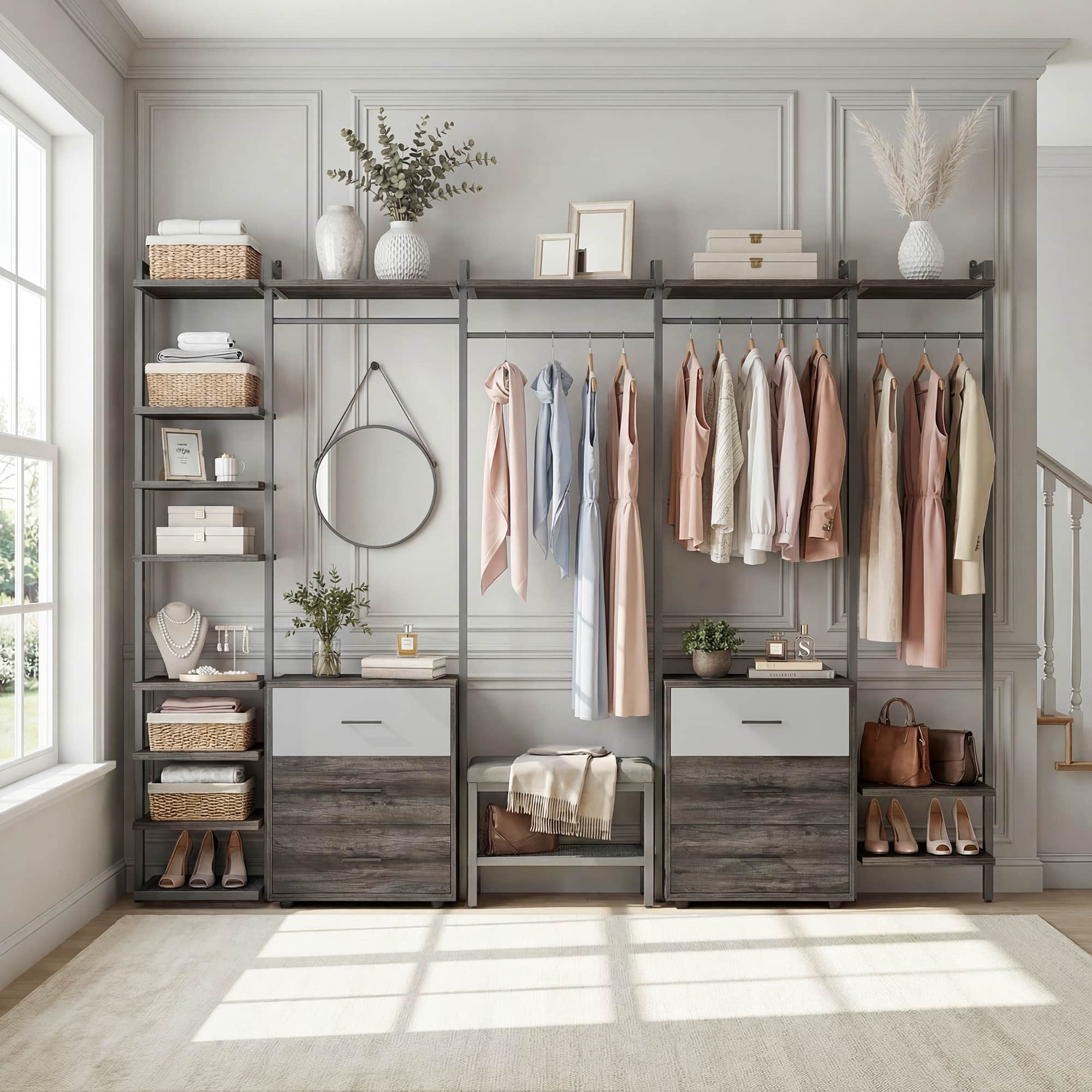 Aheaplus - 8FT Wood Closet Organizer with 6 Drawers and Hanging Rack for Bedroom Storage - Black Oak