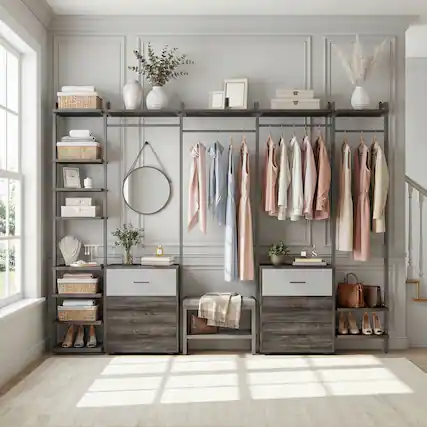 Front. Aheaplus - 8FT Wood Closet Organizer with 6 Drawers and Hanging Rack for Bedroom Storage - Black Oak.