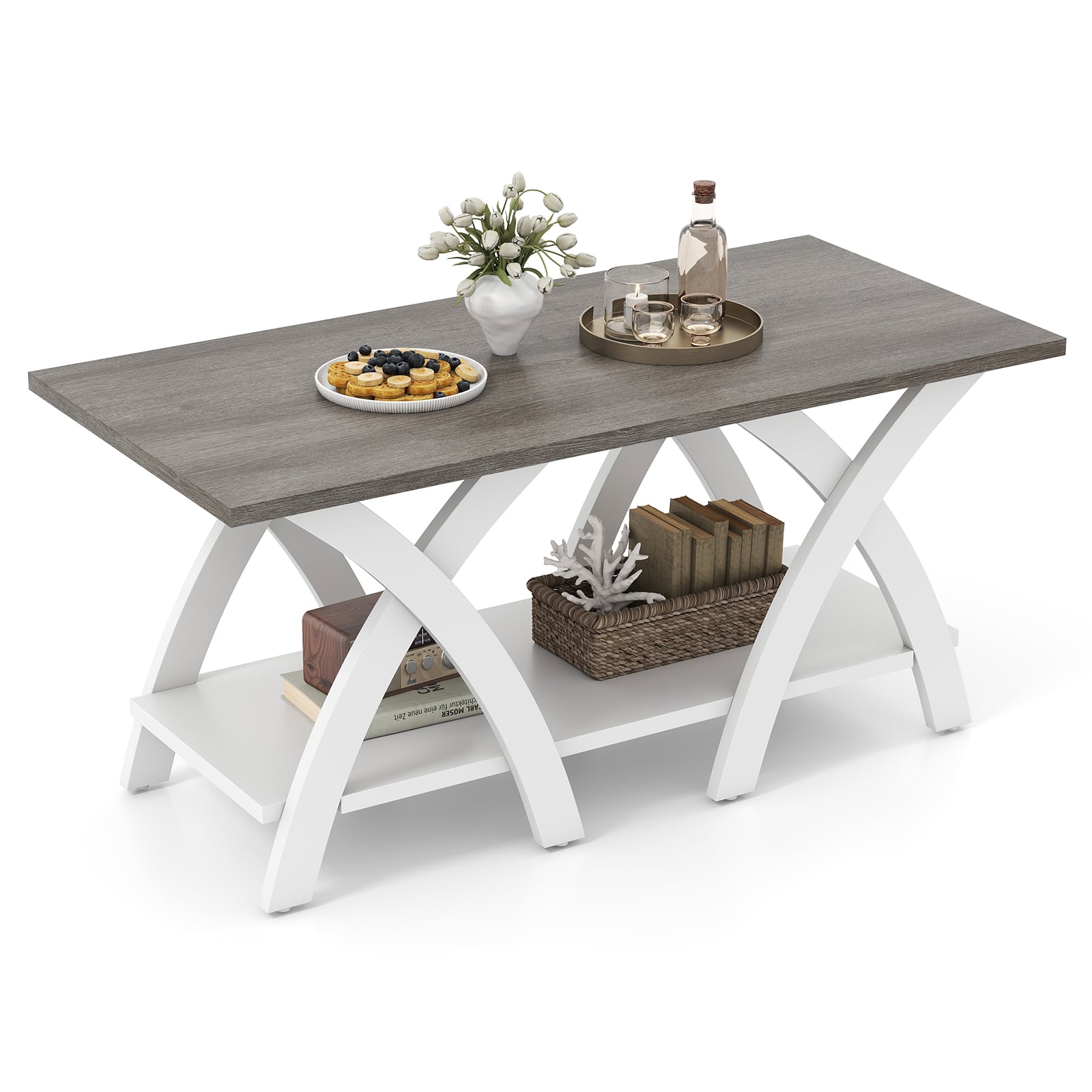 Gymax - 40'' Coffee Table w/ Storage Shelf w/X-shaped Legs for Living Room Bedroom - Gray