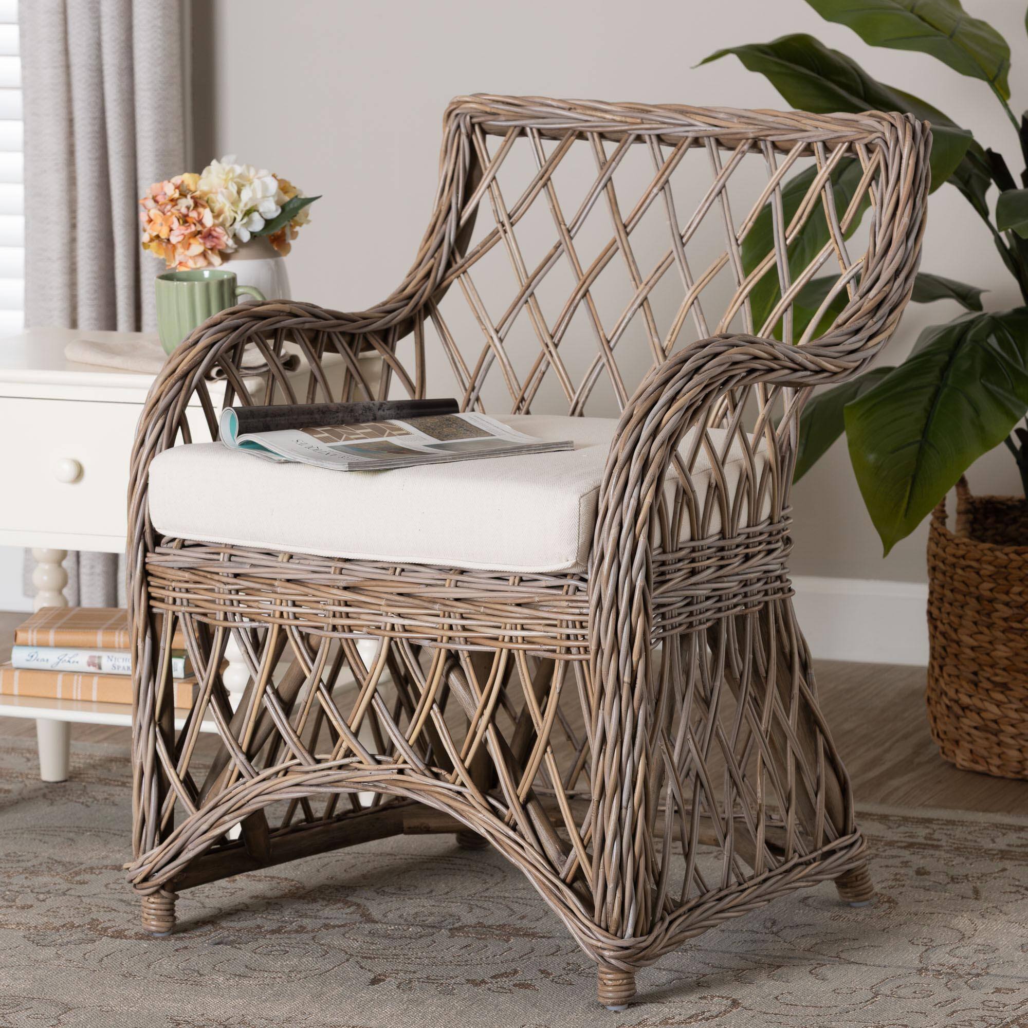 Alt View 4. bali & pari - Debra Natural Rattan Armchair – Handwoven Open-Weave Wicker Armchair with Curved Silhouette & Removable Cushion - Kubu Grey.