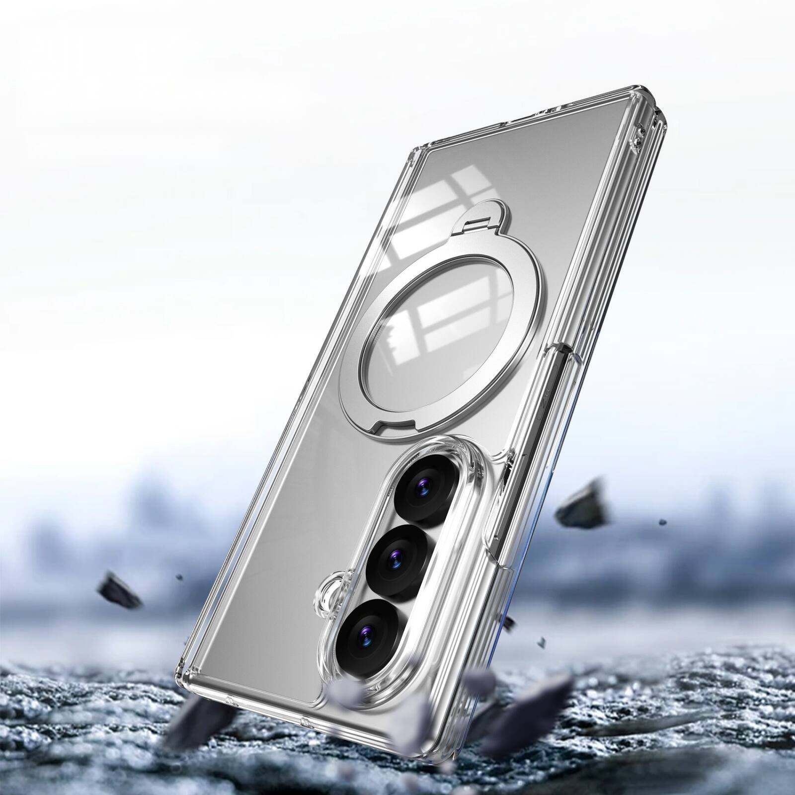 Left. Dteck - For Samsung Galaxy Z Fold 7 Magnetic Case Built-in Screen Protector,Shockproof Ring Stand Clear Back Hinge Protect Cover - Clear.
